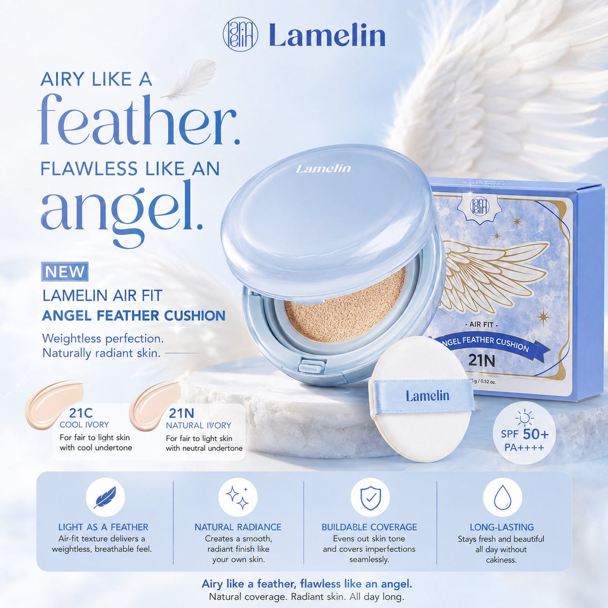 PrettySkin Lamelin PH’s Air Fit Angel Feather Cushion in 21C Cool Ivory and 21N Natural Ivory, featuring a lightweight, flawless finish.